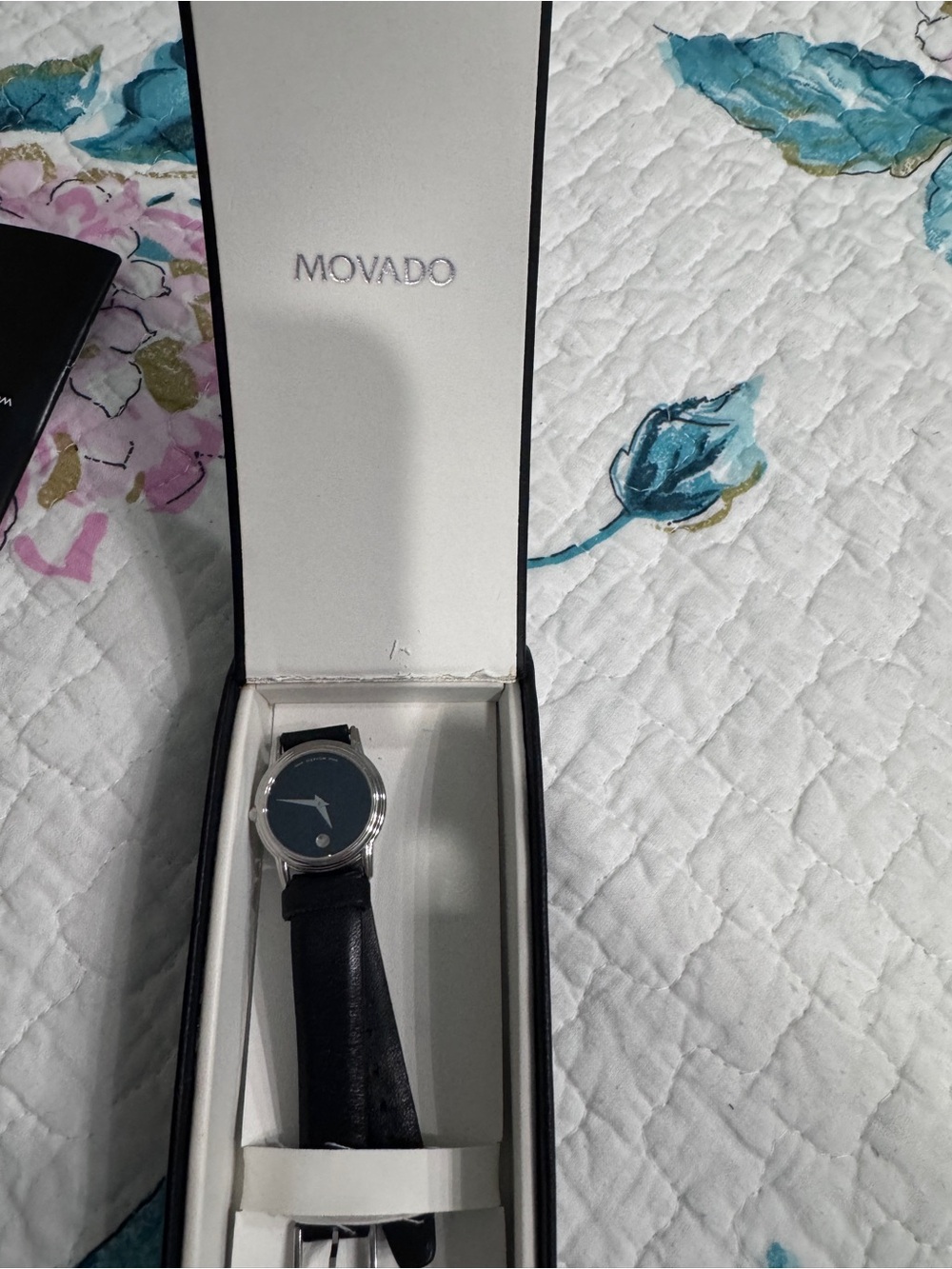 Movado Black Dial Leather Strap Watch with Silver Case